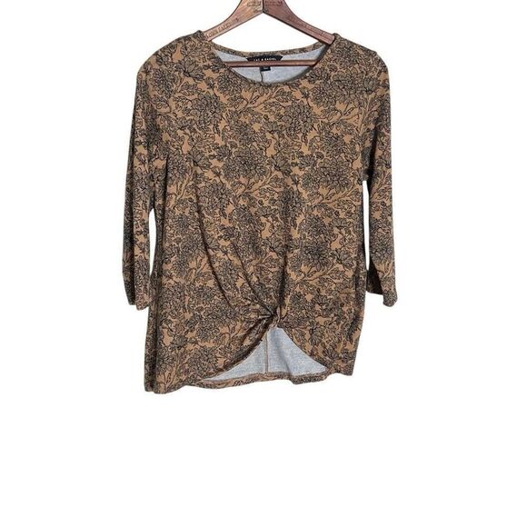 Zac & Rachel Twist Front Floral Quarter Sleeve Stretch Pullover Top Brown Medium - Picture 1 of 7